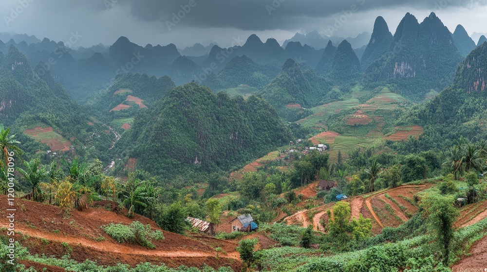 Fototapeta premium Mountain village panorama, Vietnam, terraced fields, cloudy sky, travel postcard