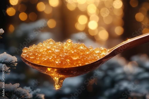 macro photography of crystallized honey dripping from copper spoon backlit with golden hour sunlight creating amber transparencies photo