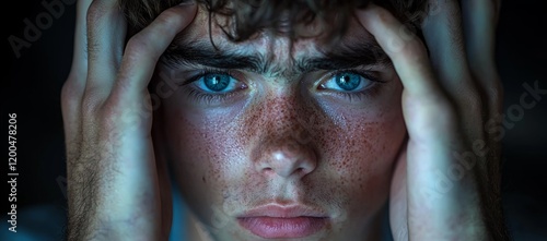 Teenager stressed, hands on head, dark background. Mental health, anxiety photo