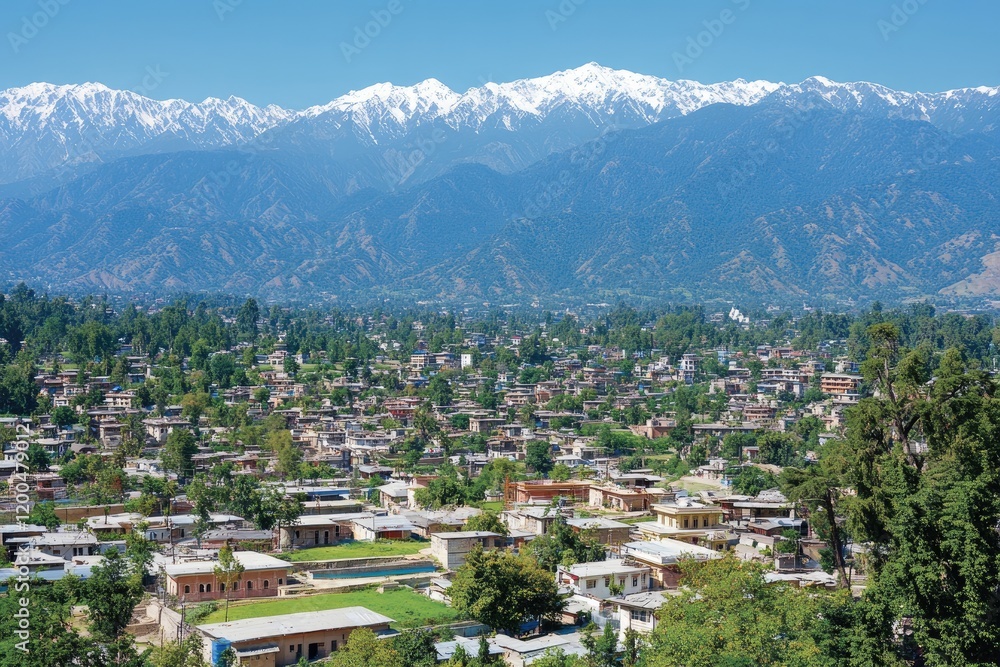 Obraz premium Mountainous town landscape, scenic valley view, Himalayan backdrop, travel destination
