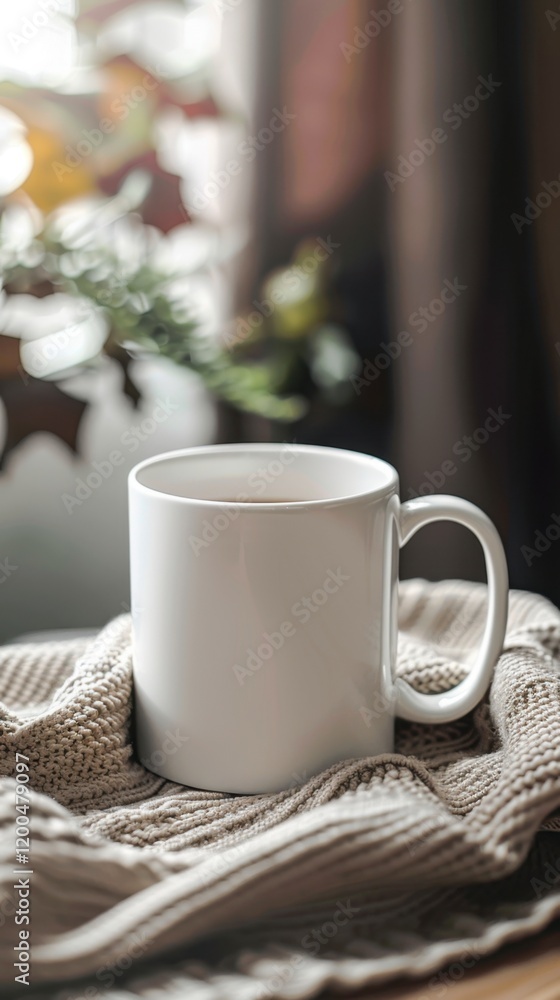 Cozy White Mug on Soft Knit Blanket with Natural Background Cozy White Mug on Soft Knit Blanket with Natural Background