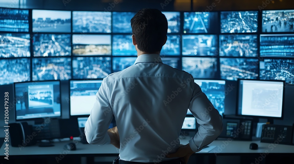 Security officer monitoring city surveillance Security officer monitoring city surveillance