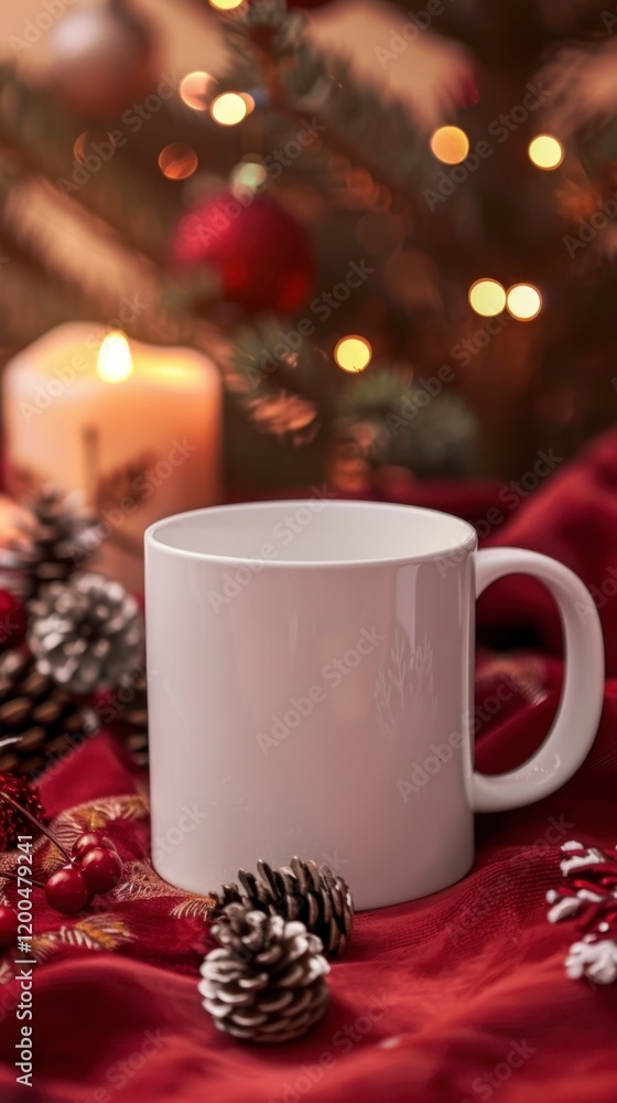 White Mug on Holiday Background with Candle and Pine Cones White Mug on Holiday Background with Candle and Pine Cones