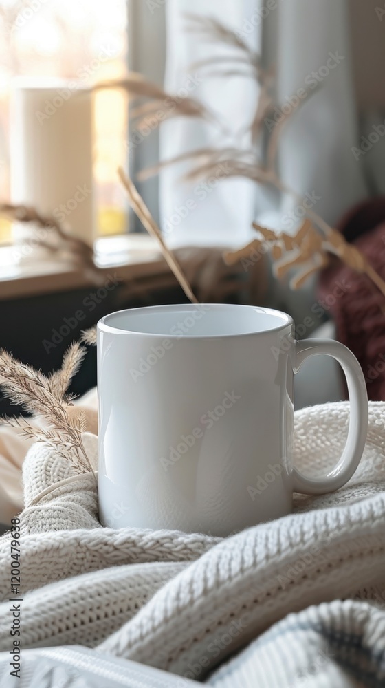 Cozy Blankets and Warm Decor with a Blank Mug on the Table