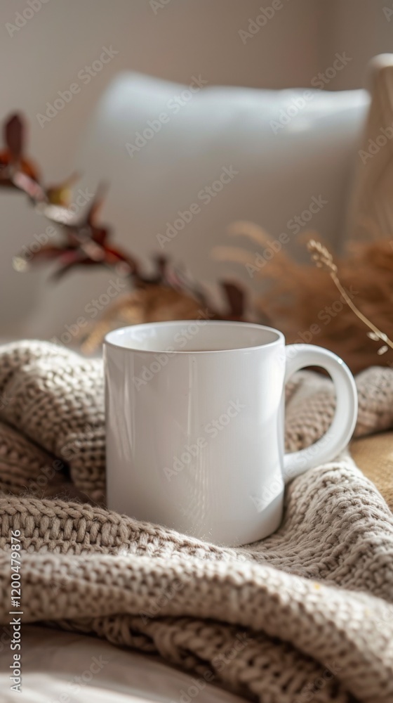Cozy White Mug on Soft Knit Blanket with Natural Decor Elements Cozy White Mug on Soft Knit Blanket with Natural Decor Elements