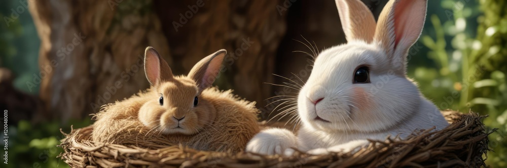 A beautiful butterfly perched on the nose of a cute bunny who is snuggled up in a cozy little nest, intimate, warm A beautiful butterfly perched on the nose of a cute bunny who is snuggled up in a cozy little nest, intimate, warm