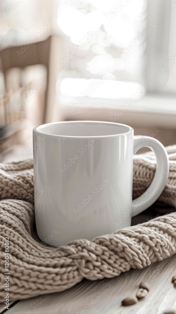 Cozy White Mug on a Soft Knit Blanket with Coffee Beans Nearby Cozy White Mug on a Soft Knit Blanket with Coffee Beans Nearby
