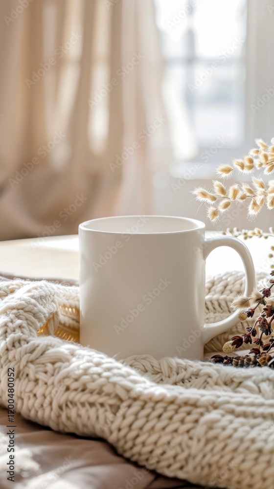 Cozy Morning Scene with Blank Mug and Soft Knit Blanket Cozy Morning Scene with Blank Mug and Soft Knit Blanket