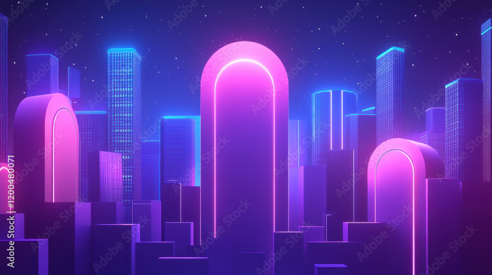 Futuristic cityscape with neon lights and glowing skyscrapers, creating vibrant and dynamic atmosphere. colorful architecture evokes sense of wonder and innovation Futuristic cityscape with neon lights and glowing skyscrapers, creating vibrant and dynamic atmosphere. colorful architecture evokes sense of wonder and innovation