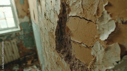 Cracked wall in abandoned room with peeling paint, decay, window view. photo