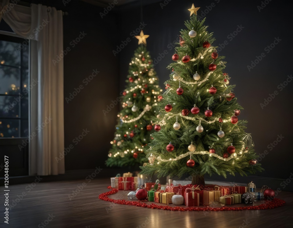 A beautifully lit Christmas tree with ornaments and garlands against a darkened backdrop , festive atmosphere, elegant decor, darkened backdrop A beautifully lit Christmas tree with ornaments and garlands against a darkened backdrop , festive atmosphere, elegant decor, darkened backdrop