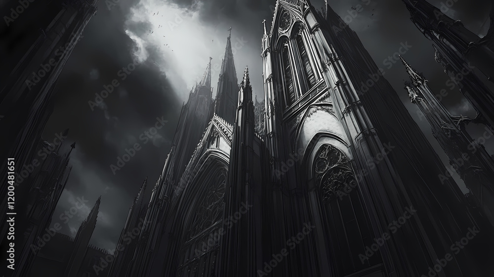 Obraz premium A dramatic view of a gothic cathedral under a moody sky, showcasing intricate architectural details and powerful vertical lines. Gothic Cathedral Shadows. Illustration