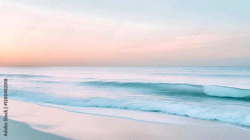 Fototapeta premium Serene sunrise over ocean waves, sandy beach. Peaceful coastal scene, ideal for travel brochures