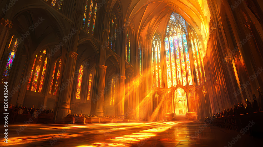 A stunning interior view of a cathedral showcasing vibrant stained glass windows and intricate architecture bathed in golden light. Gothic Cathedral Shadows. Illustration A stunning interior view of a cathedral showcasing vibrant stained glass windows and intricate architecture bathed in golden light. Gothic Cathedral Shadows. Illustration