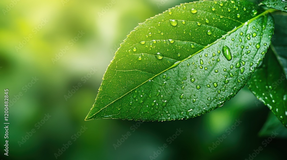 Green leaf with water droplets Green leaf with water droplets