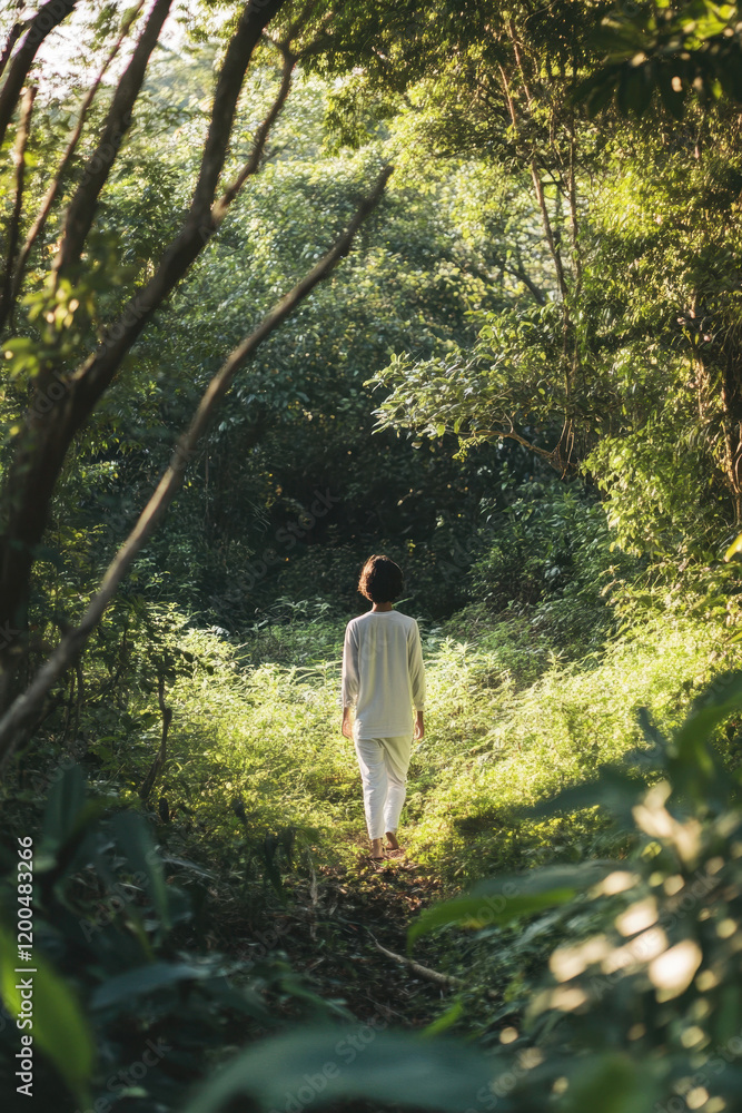 A serene moment in the forest as a woman in white strolls through lush green foliage bathed in gentle sunlight.