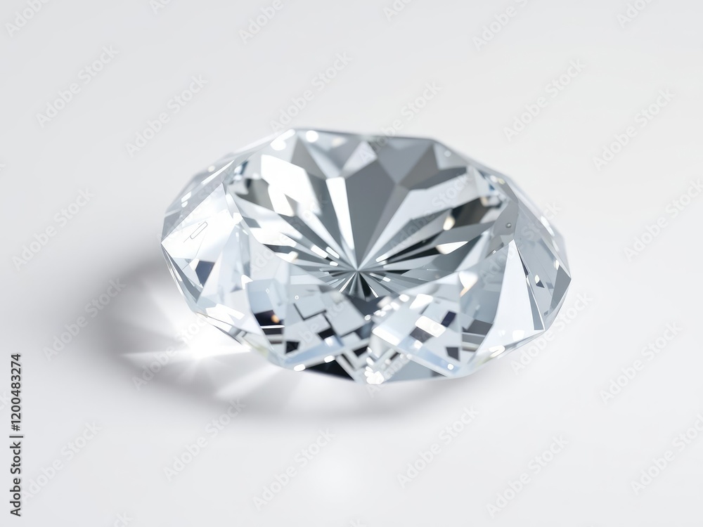 A detailed image of a diamond crystal on a white surface, showcasing the intricate facets and reflecting light, texture, geometry, optical effects A detailed image of a diamond crystal on a white surface, showcasing the intricate facets and reflecting light, texture, geometry, optical effects