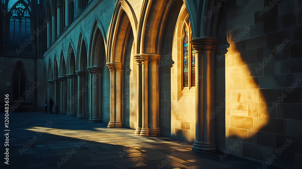 Fototapeta premium Gothic architecture detail, illuminated arches, stone facade, cathedral exterior, religious building,. Gothic Cathedral Shadows. Illustration