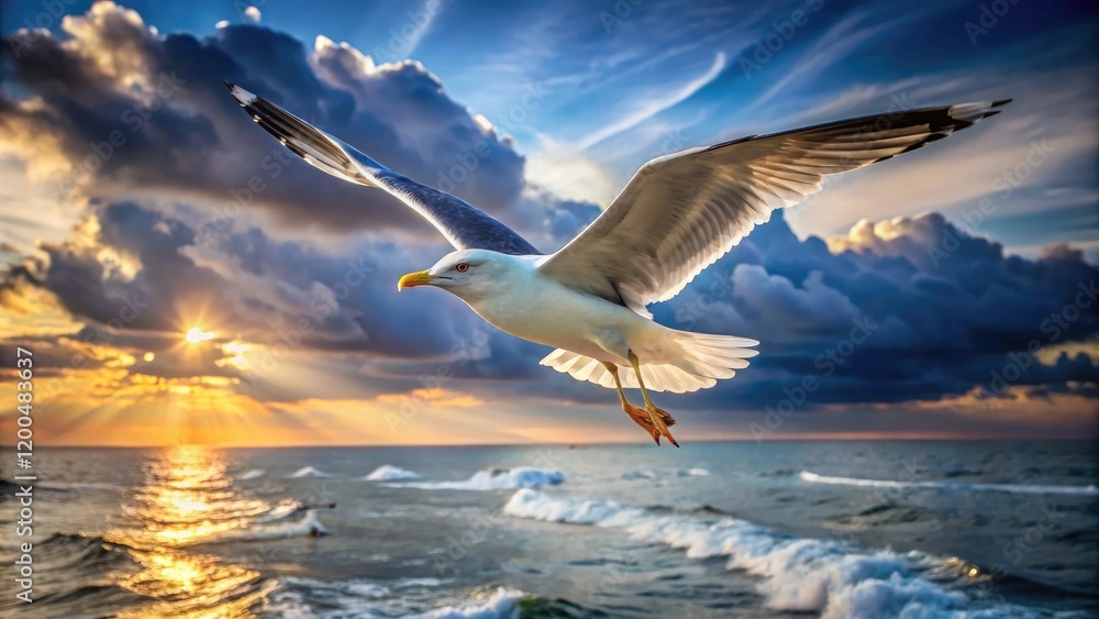 Fototapeta premium A dramatic seagull soars overhead, its wings outstretched as it rides the ocean breeze, bird of prey, seabird
