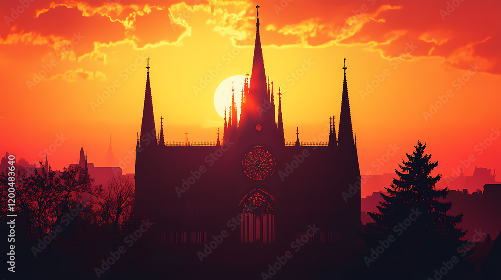 Naklejka premium Gothic cathedral at fiery sunset. Gothic Cathedral Shadows. Illustration