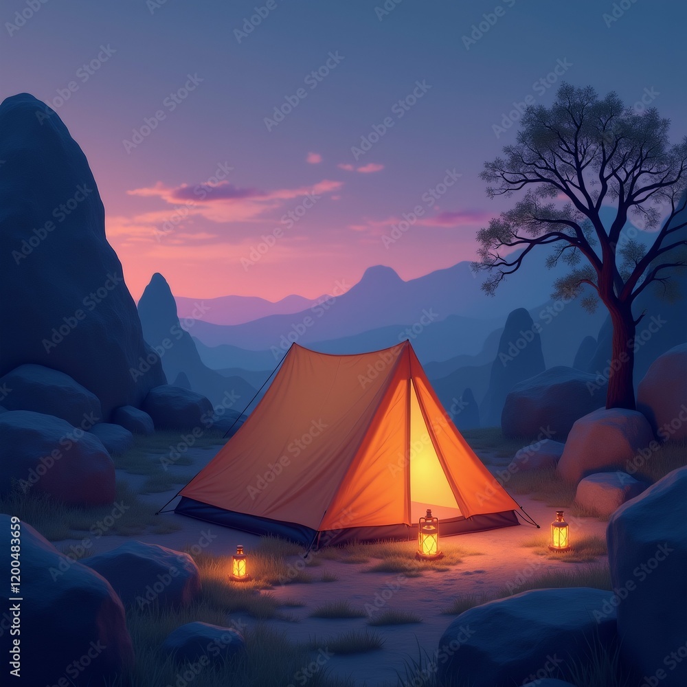 The image shows a camping scene with a large orange tent set up in the middle of a rocky landscape. The tent is facing towards the right side of the image, with a lone tree on the left side. The image shows a camping scene with a large orange tent set up in the middle of a rocky landscape. The tent is facing towards the right side of the image, with a lone tree on the left side.