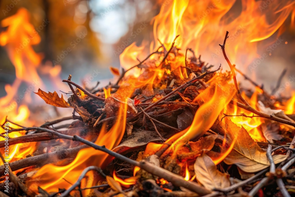 A fiery blaze consuming dry leaves and twigs, scorching, fire, forest, smoldering A fiery blaze consuming dry leaves and twigs, scorching, fire, forest, smoldering