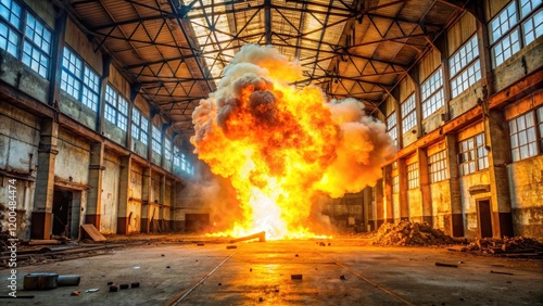 A fiery explosion set off by an arsonist in an abandoned warehouse, molten metal, fireworks explosion, flames engulfing, charred wood, burning debris photo