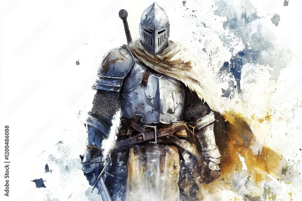 Fototapeta premium Illustration of a heroic medieval knight on a bright background.