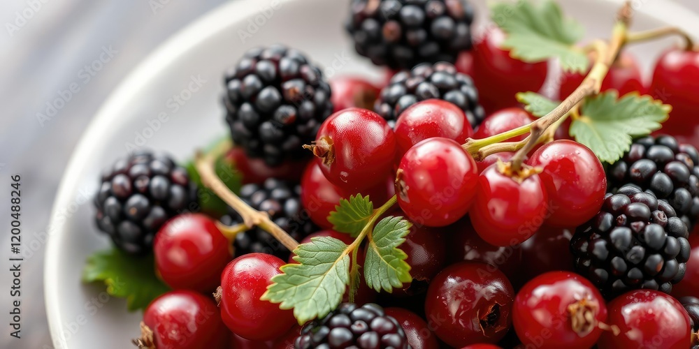 A beautiful arrangement of vibrant red currants and juicy blackberries on a white plate, ripe, harvest A beautiful arrangement of vibrant red currants and juicy blackberries on a white plate, ripe, harvest