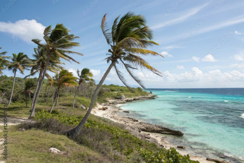 Fototapeta premium A beautiful coastal landscape in Cozumel with swaying palm trees and crystal-clear ocean, , clear blue ocean, island life, tropical beauty, cozumel island
