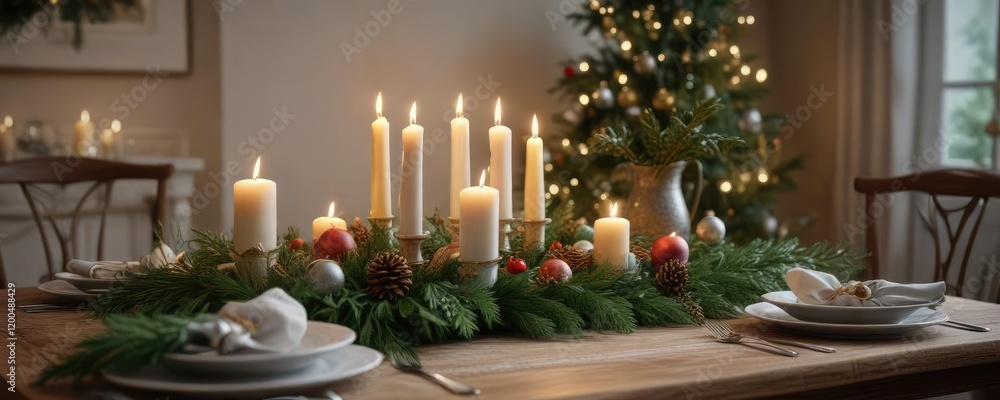 Obraz premium A beautifully decorated Christmas Eve table setting with candles, ornaments, and a vase of evergreen branches, ornate glassware, holiday decor