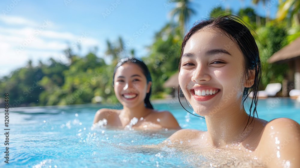 Indonesian woman and her friend swimming in a luxury tropical resort pool