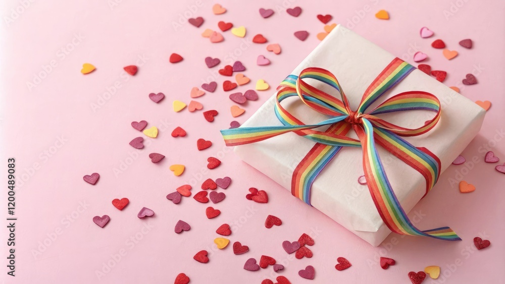 A beautiful present wrapped in colorful ribbon with a sprinkle of heart-shaped confetti on a soft pink background, feminine gift, pink gift, heart decorations, confetti, ribbon A beautiful present wrapped in colorful ribbon with a sprinkle of heart-shaped confetti on a soft pink background, feminine gift, pink gift, heart decorations, confetti, ribbon