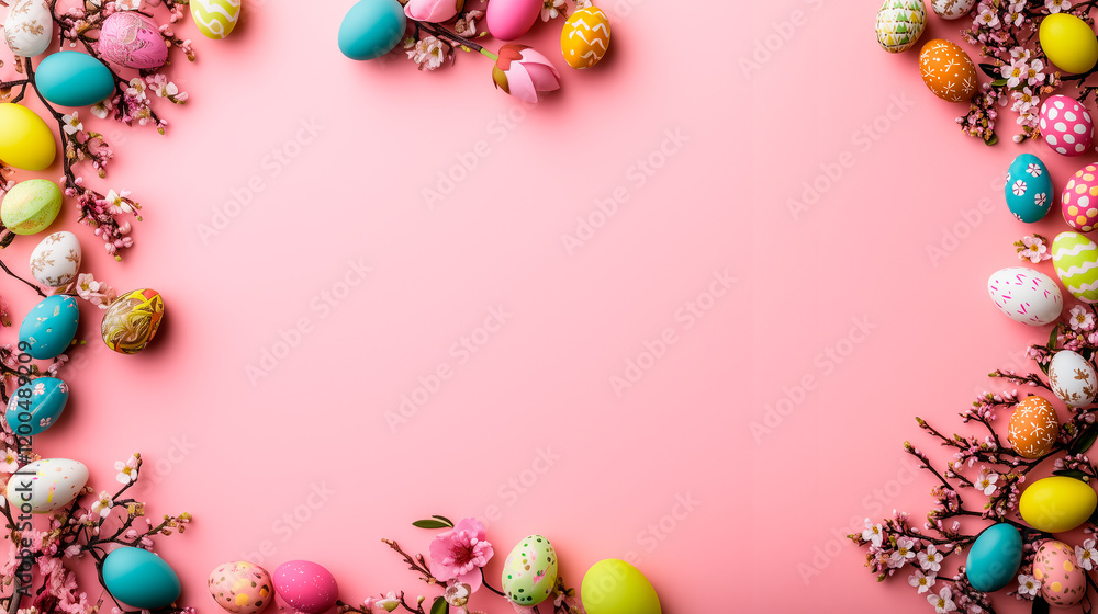 Decorated Easter Eggs and Blossoming Branches on Pink Background Decorated Easter Eggs and Blossoming Branches on Pink Background