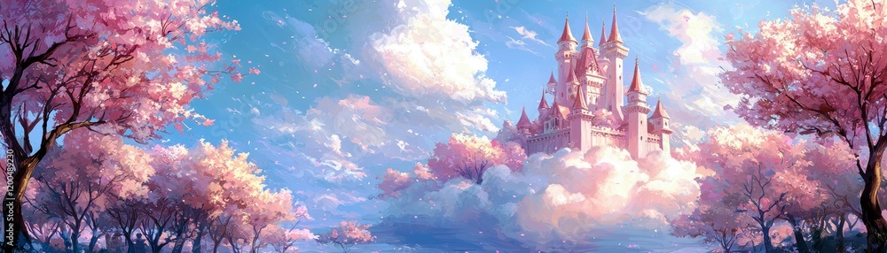 Enchanted Castle in Pink Blossoms Under a Bright Sky Surrounded by Fluffy Clouds and Tranquil Landscapes for Magical Dreamscapes and Fantasy Art Enchanted Castle in Pink Blossoms Under a Bright Sky Surrounded by Fluffy Clouds and Tranquil Landscapes for Magical Dreamscapes and Fantasy Art