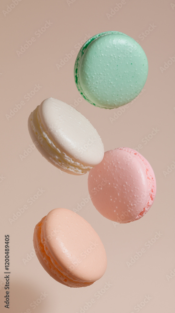 Fototapeta premium Four Suspended Macarons: Green, White, Pink, and Peach
