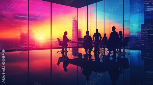 Strategic Vision at Sunrise: Silhouetted business figures convene in a modern cityscape boardroom, overlooking a vibrant sunrise, symbolizing new beginnings and strategic planning. photo