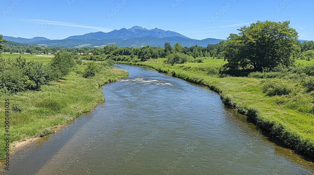 Fototapeta premium Mountain river valley landscape, summer day. Background farmland, trees. Use travel, nature