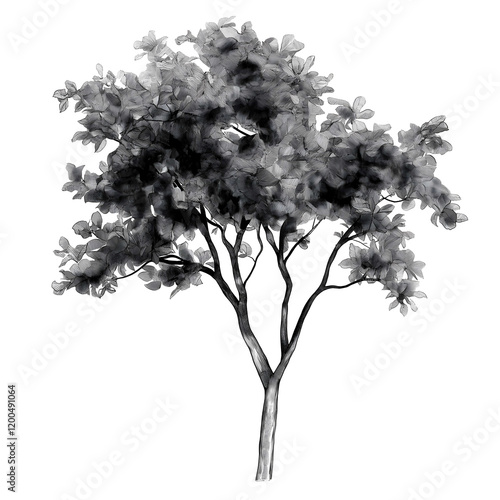 grayscale digital drawing illustrator young urban tree simple branching structure graphic novel water color style multiple line weights elevation vector drawing whi