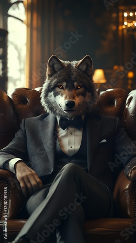 A wolf in a tailored suit sits regally in a leather armchair, creating a captivating contrast between wild nature and refined elegance.