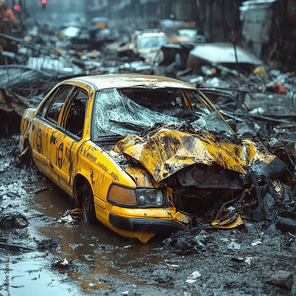 Fototapeta premium Destruction aftermath abandoned yellow taxi urban street photography rainy environment close-up view urban decay concept