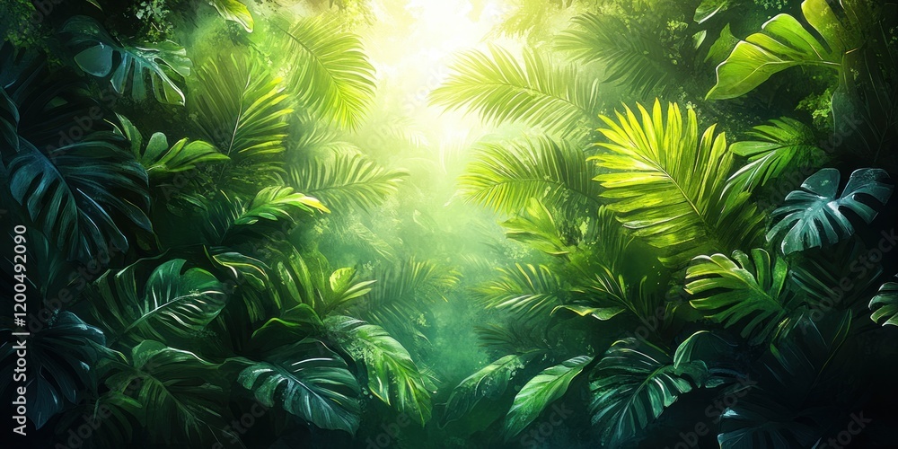 Tropical Jungle Scene Watercolor Illustration with Vibrant Green Leaves and Soft Light Tropical Jungle Scene Watercolor Illustration with Vibrant Green Leaves and Soft Light