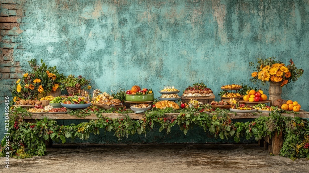 Obraz premium Abundant autumn buffet table outdoors, rustic background, event food