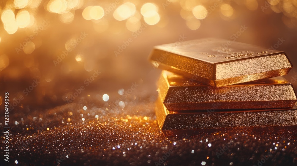 Close-up of golden ingots stacked against a blurred, festive bokeh background. Close-up of golden ingots stacked against a blurred, festive bokeh background.