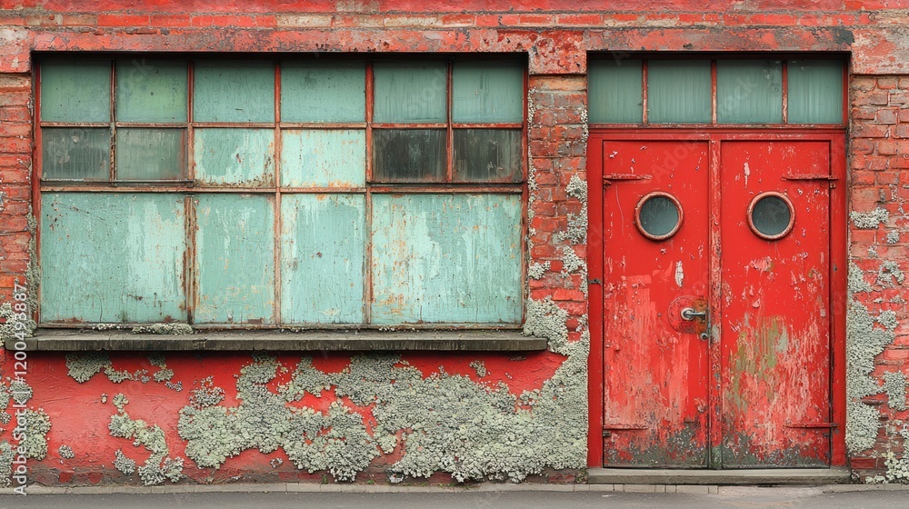 Rustic Red Brick Wall with Weathered Window and Door Rustic Red Brick Wall with Weathered Window and Door