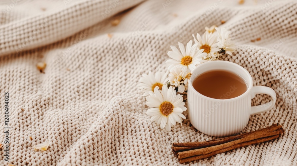 Cozy cup of tea with daisies on a soft blanket Cozy cup of tea with daisies on a soft blanket