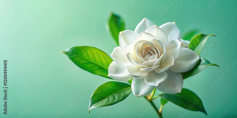 Fototapeta premium Delicate White Gardenia on Mint Green Background - AI Photo