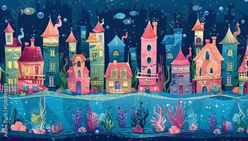 A whimsical underwater city with colorful houses, fish, and coral reefs. photo