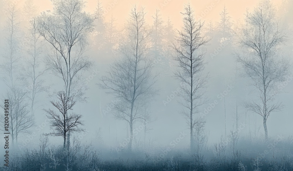 Impressionist Serene Landscape with Delicate Trees in Muted Colors and Dreamlike Atmosphere for Interior Design Impressionist Serene Landscape with Delicate Trees in Muted Colors and Dreamlike Atmosphere for Interior Design
