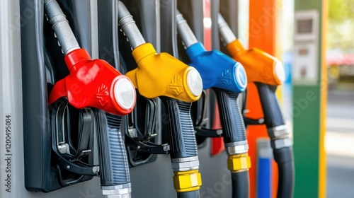 Colorful Gasoline Pumps with Nozzles in a Modern Fuel Station Amid a Vibrant Urban Environment for Energy and Transportation Themes photo